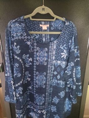 Allison Daley Navy Blue Floral Patchwork Scoop Neck Tunic